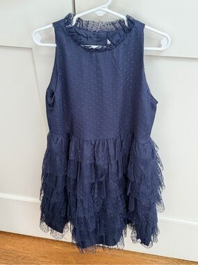 EUC JANIE AND JACK NAVY BLUE SPECIAL OCCASION DOT CHIFFON TIERED FORMAL DRESS 8